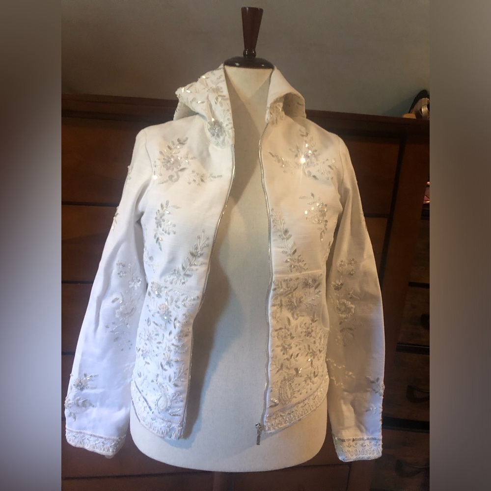 Women's White Embellished Hooded Bomber Jacket